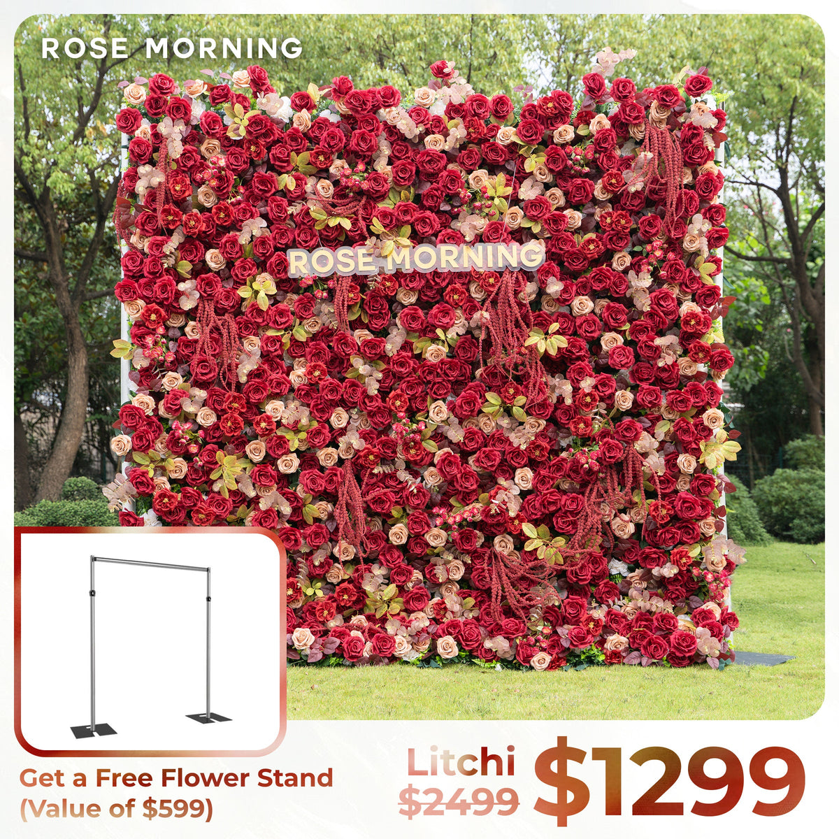 litchi：5D Fabric Artificial zip up curtain flower wall + Free Flower Stand(Ready to ship-Only USA)