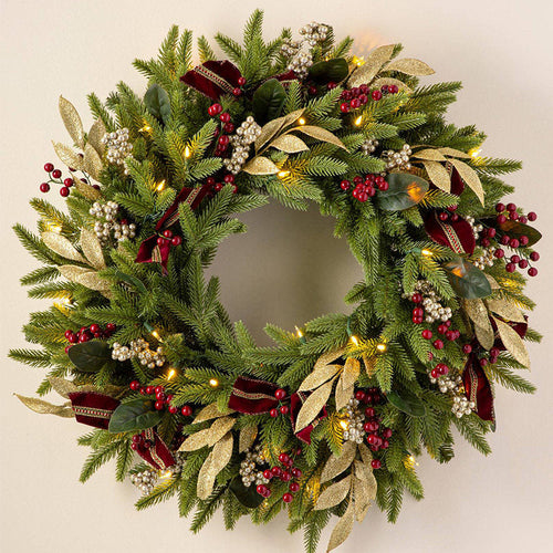 24 Inches Luxury Wreath with Gold Leaves, Red Berries and Warm Lights