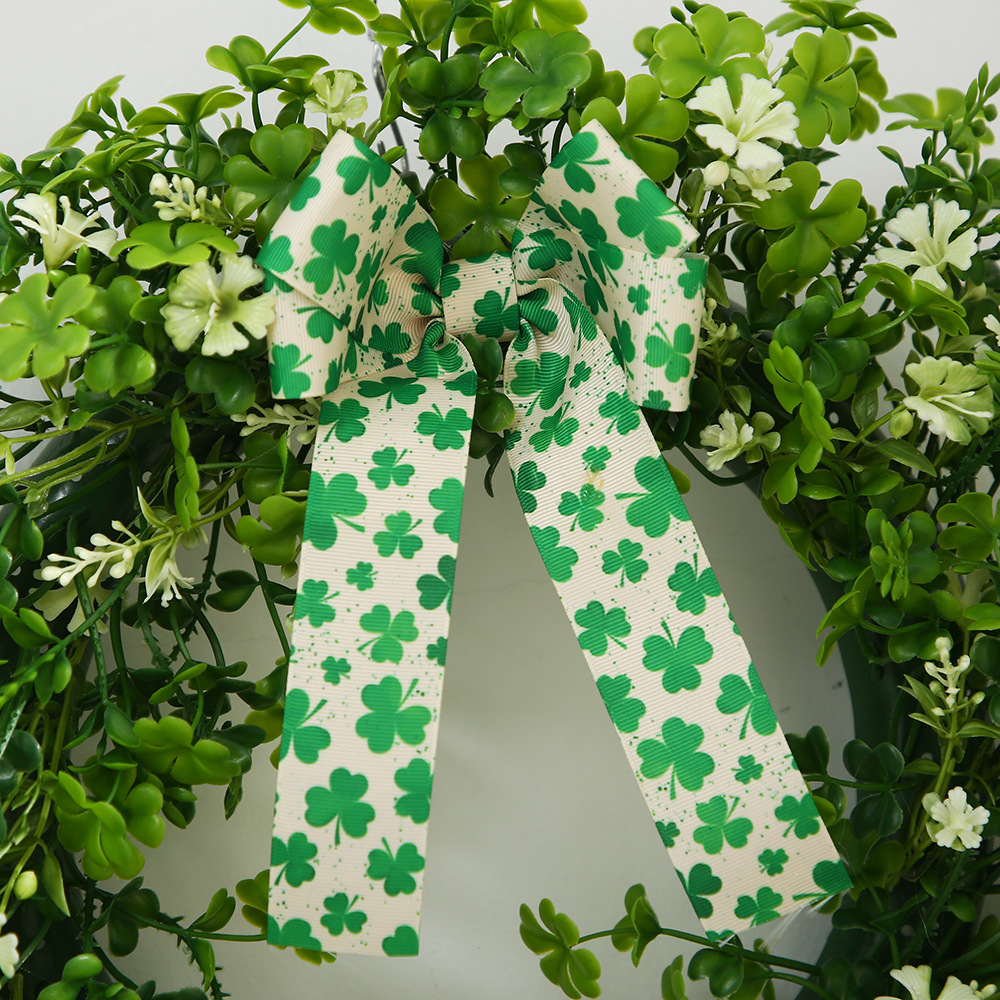 St. Patrick's Day Faux Green Shamrock Door Hanger Bow Decoration Wreath