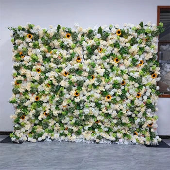 2026 Spring Mothers Day Flower Wall Decoration 8*10ft Silk Green and Yellow Sunflower High End 5D Soft Floral Wall Ornament Free Shipping