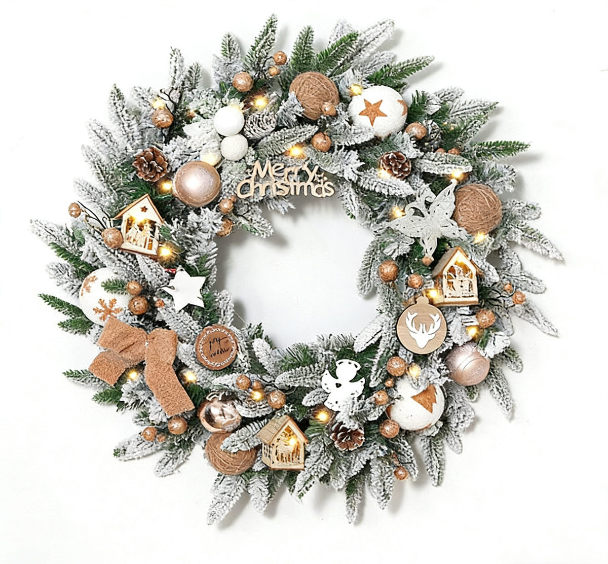 Flocked Winter Christmas Wreath with Neutral Wood Ornaments and Lights