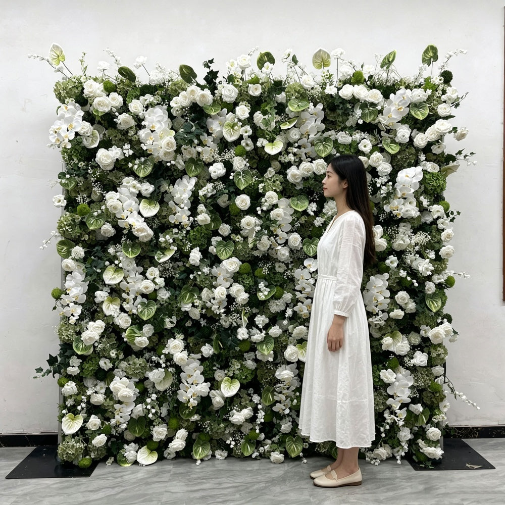 2027 Trending White Green Series Artificial Flower Wall 8*8ft High Quality Rolling up Faux Anthurium and Orchid Flower Backdrop Free Shipping