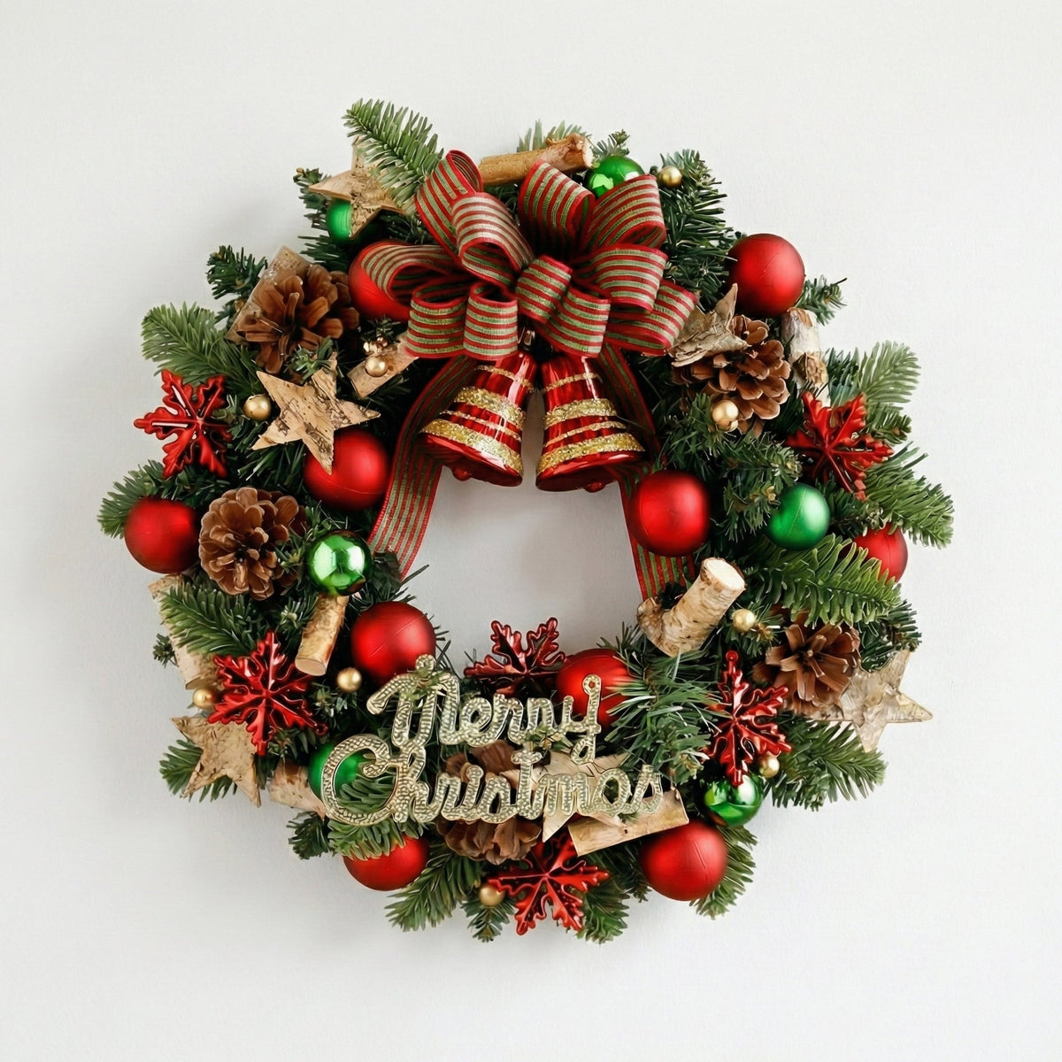 14 Inches Traditional Red and Green Christmas Wreath with Bells and Ribbon Bow