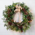 2026 Pre-24In Lit Christmas Wreath with Natural Greenery and Linen Bow