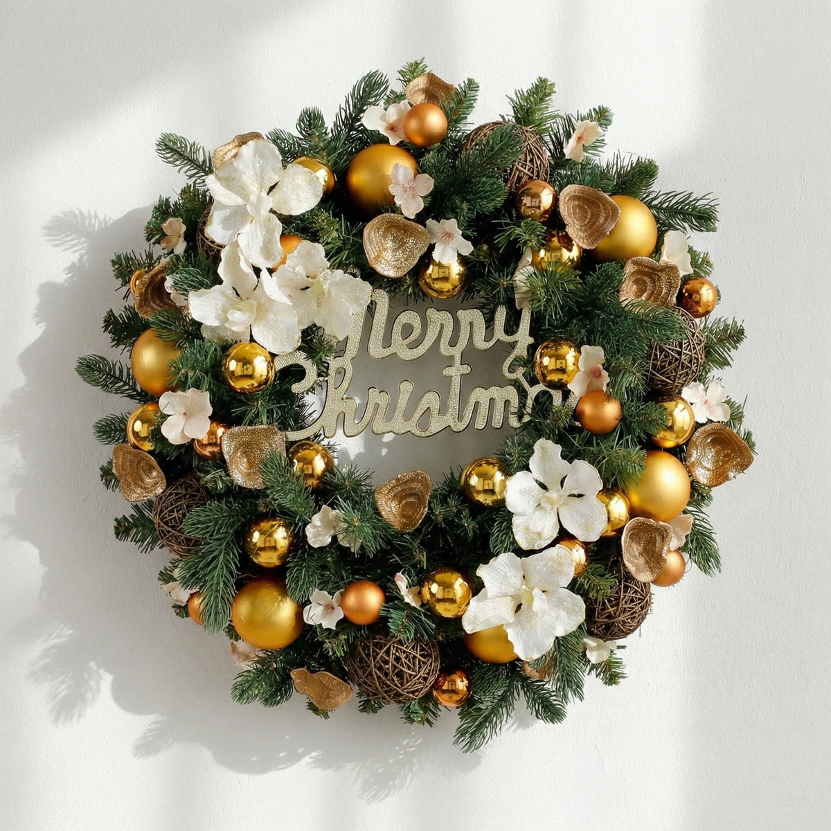 18 Inches Luxury Gold Christmas Wreath with White Flowers and Decorative Ornaments