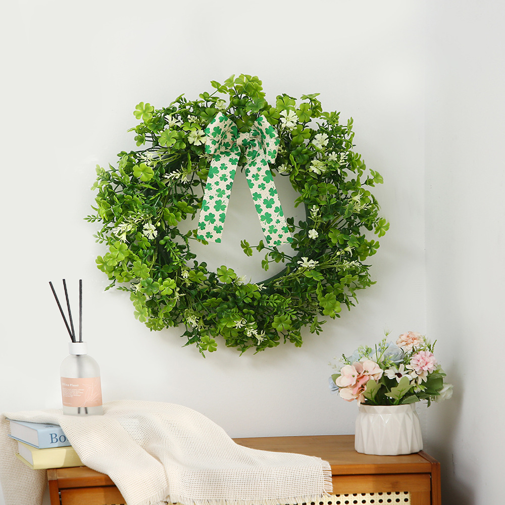 St. Patrick's Day Faux Green Shamrock Door Hanger Bow Decoration Wreath