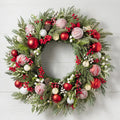 2026 Decorated Christmas Wreath with Red & White Ornaments and Frosted Accents