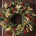 24 Inches Luxury Wreath with Gold Leaves, Red Berries and Warm Lights