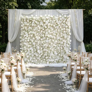 5D Roll up Rose Babysbreath Floral Wall 8*8 ft White Artificial Silk Flower Wedding Decoration Wall Panel Backdrop with Zip up Free Shipping