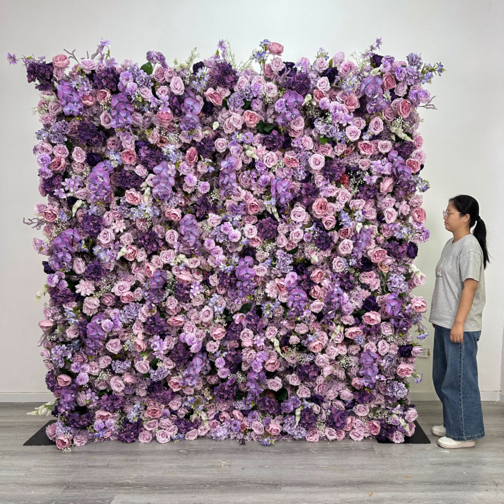 8*8ft Giant Flower Panel Decoration Roll up Fabric Silk Artificial Flower Purple Backdrop Cloth Flower Wall for Wedding Decor Free Shipping