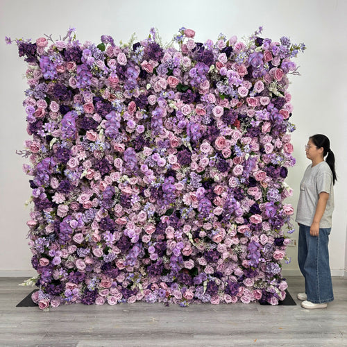 8*8ft Giant Flower Panel Decoration Roll up Fabric Silk Artificial Flower Purple Backdrop Cloth Flower Wall for Wedding Decor Free Shipping