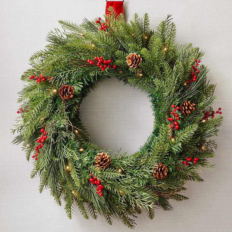 2026 Natural Pine Christmas 24Inch Wreath with Red Berries and Warm Lights