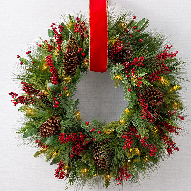 24Inch Lighted Christmas Wreath with Red Berries, Pine Cones & Hanging Ribbon