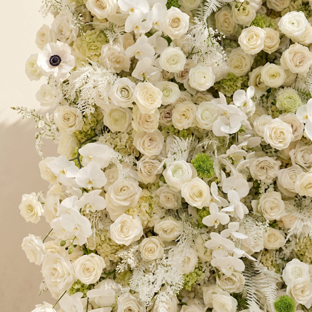 Arelette: Luxury 4D White & Green Silk Floral Wall Backdrop with Premium Orchids & Ranunculus for Modern Weddings