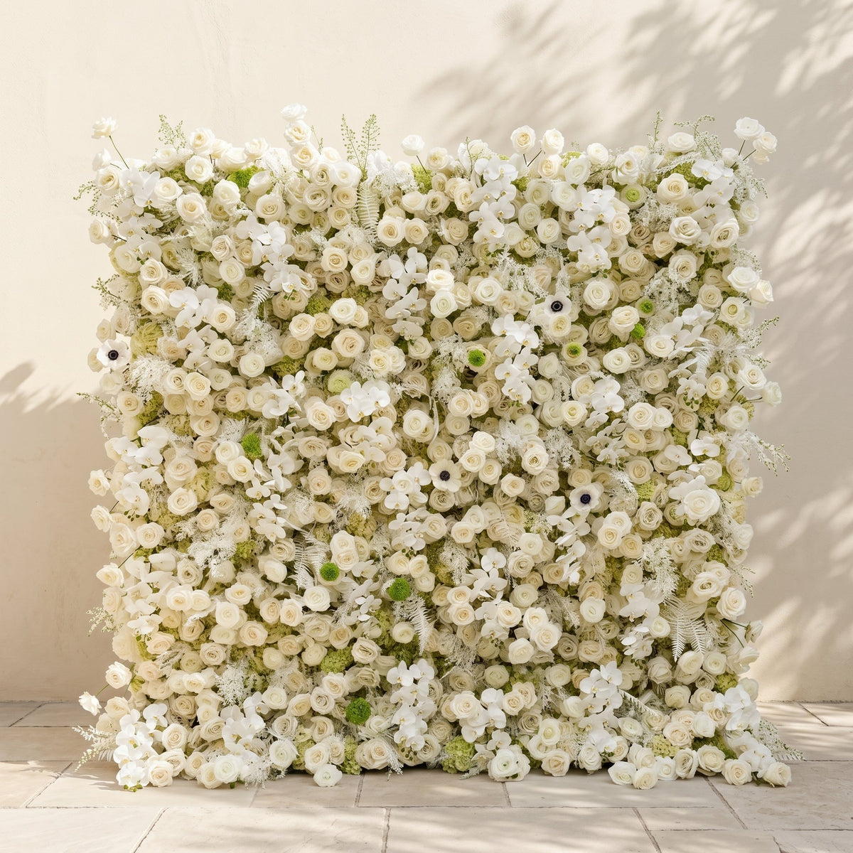 Arelette: Luxury 4D White & Green Silk Floral Wall Backdrop with Premium Orchids & Ranunculus for Modern Weddings