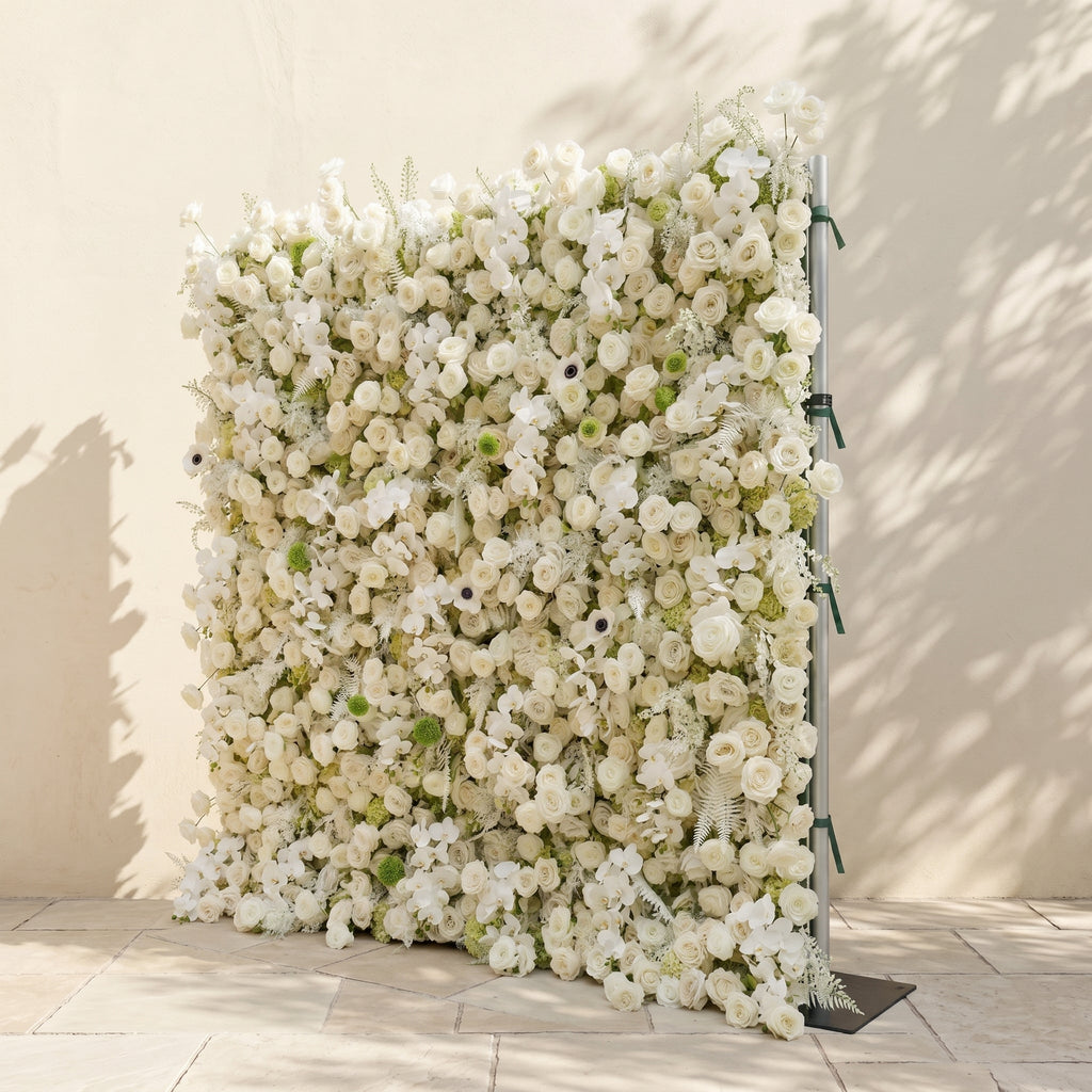 Arelette: Luxury 4D White & Green Silk Floral Wall Backdrop with Premium Orchids & Ranunculus for Modern Weddings