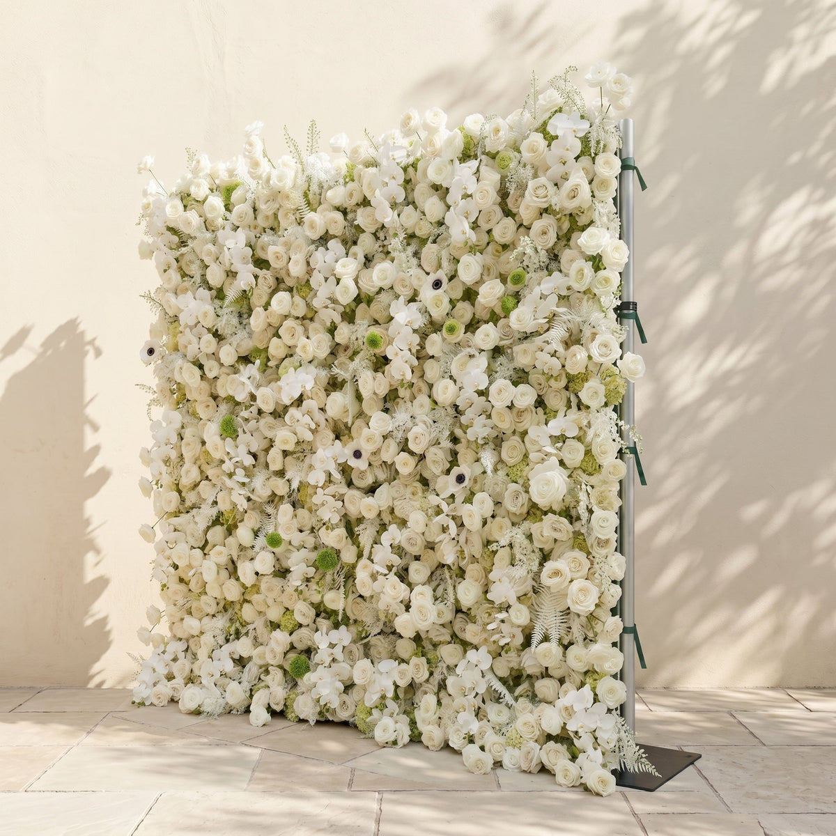 Arelette: Luxury 4D White & Green Silk Floral Wall Backdrop with Premium Orchids & Ranunculus for Modern Weddings
