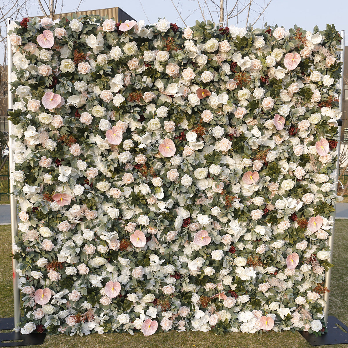 Artificial Flower Wall Panel White Champagne Roses Pink Anthurium Mixed Green Leaves Wall for Wedding Background Decoration Free Shipping