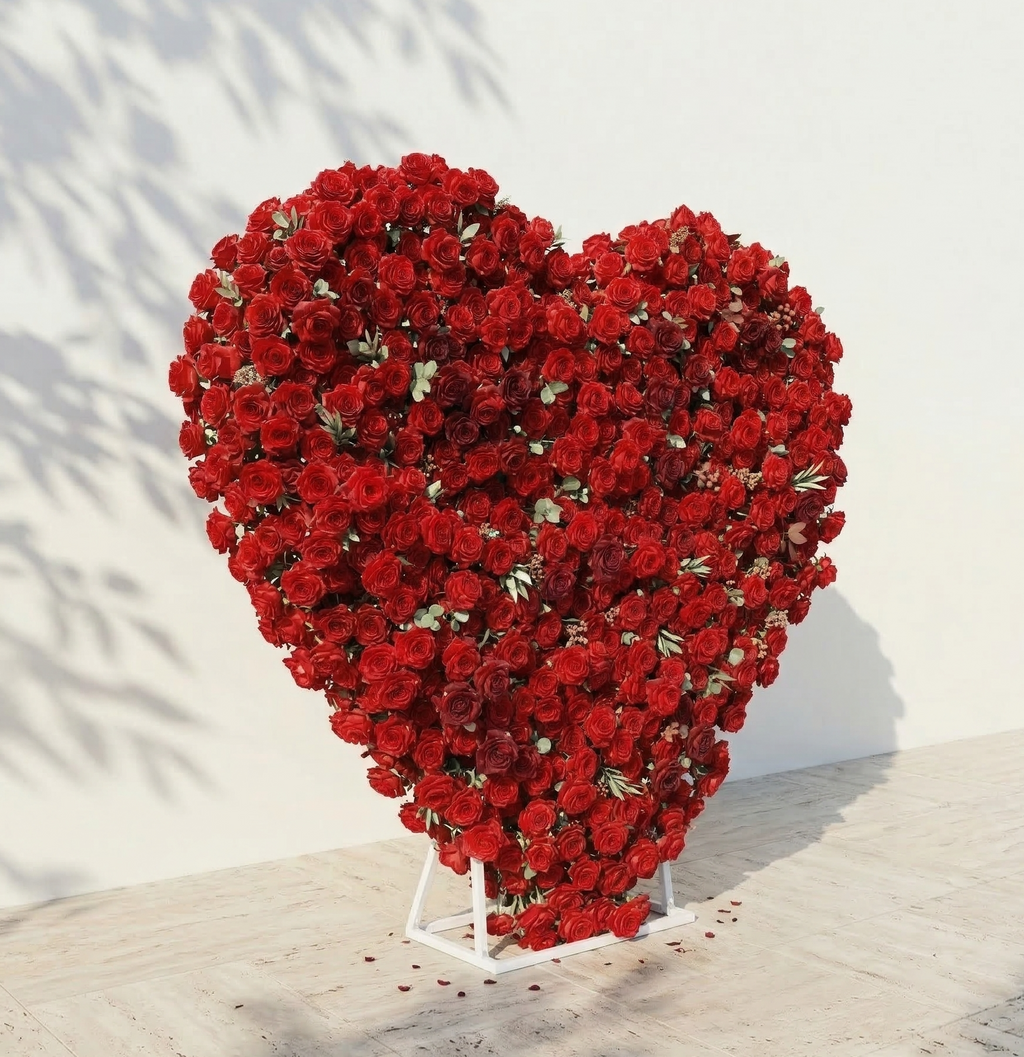 Auralis: 3D Romantic Crimson Heart-Shaped Artificial Floral Backdrop for Wedding & Valentine's Day Decor