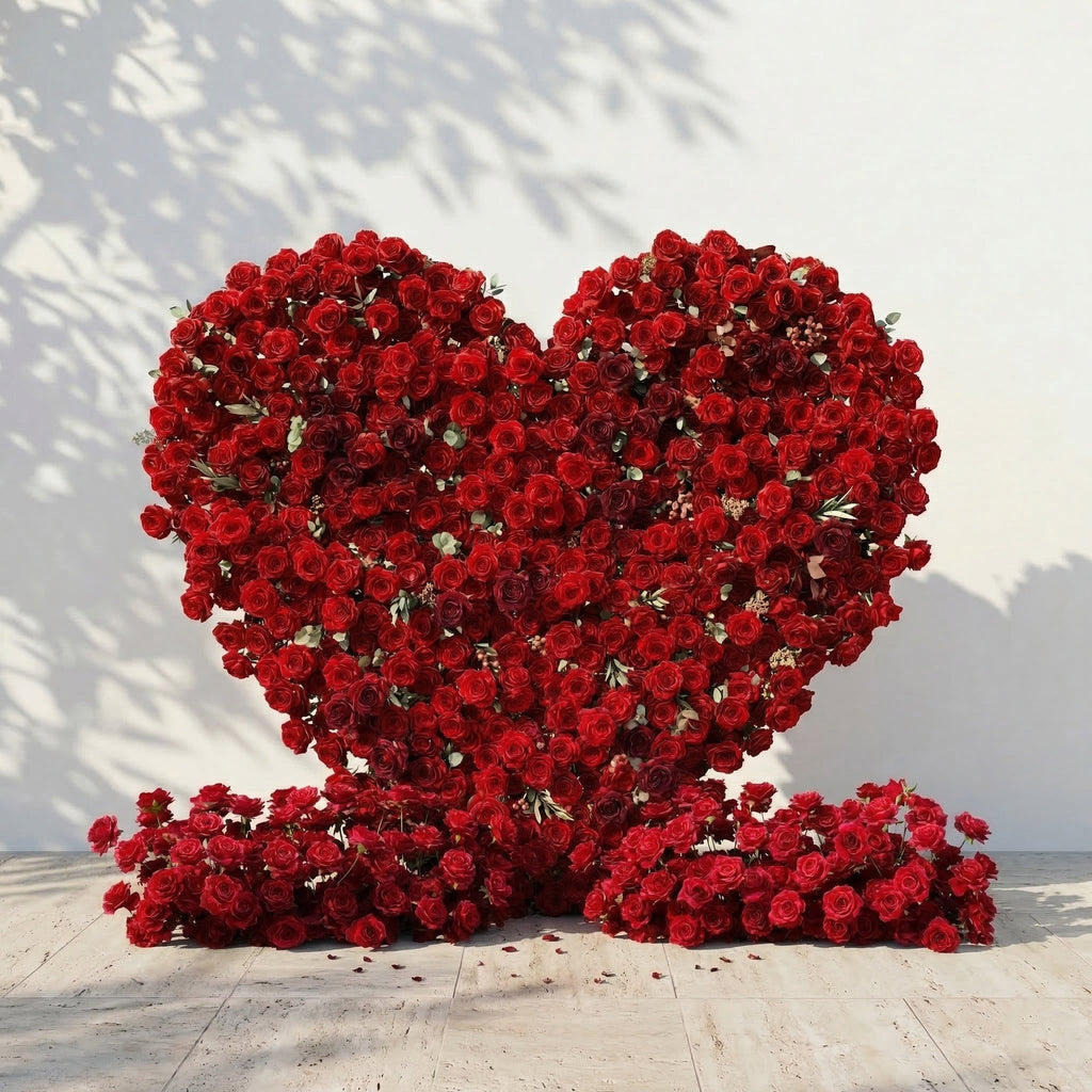 Auralis: 3D Romantic Crimson Heart-Shaped Artificial Floral Backdrop for Wedding & Valentine's Day Decor