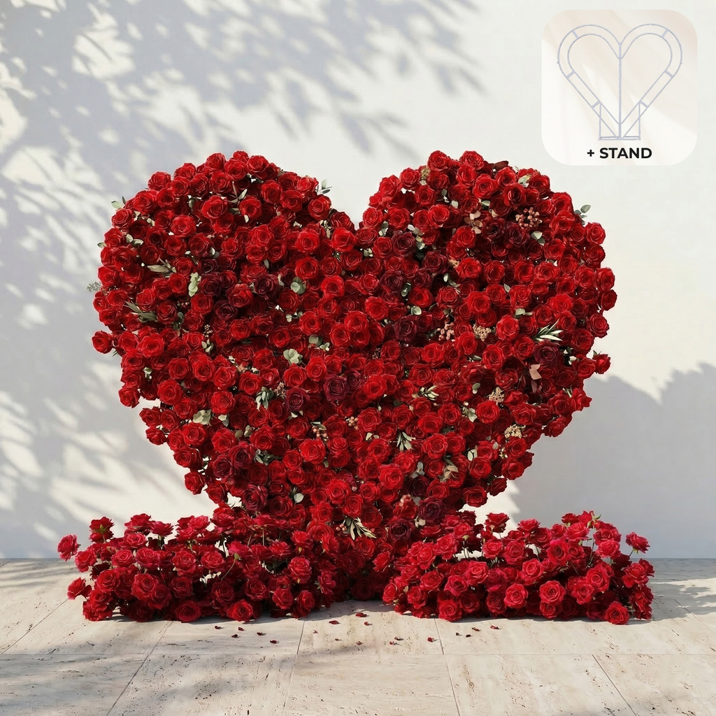 Auralis: 3D Romantic Crimson Heart-Shaped Artificial Floral Backdrop for Wedding & Valentine's Day Decor