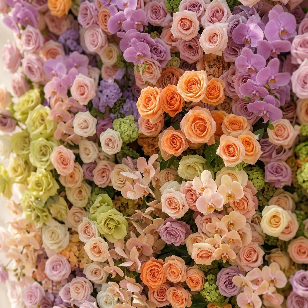 Camilvella: Premium 5D Pastel Rainbow Silk Flower Wall with Cascading Orchids & Hydrangeas for Modern Dreamy Parties