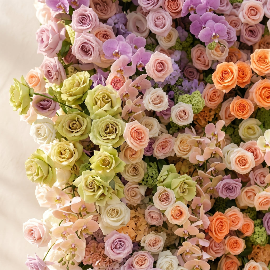 Camilvella: Premium 5D Pastel Rainbow Silk Flower Wall with Cascading Orchids & Hydrangeas for Modern Dreamy Parties