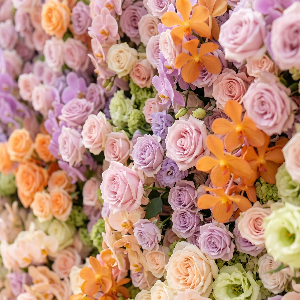 Camilvella: Premium 5D Pastel Rainbow Silk Flower Wall with Cascading Orchids & Hydrangeas for Modern Dreamy Parties