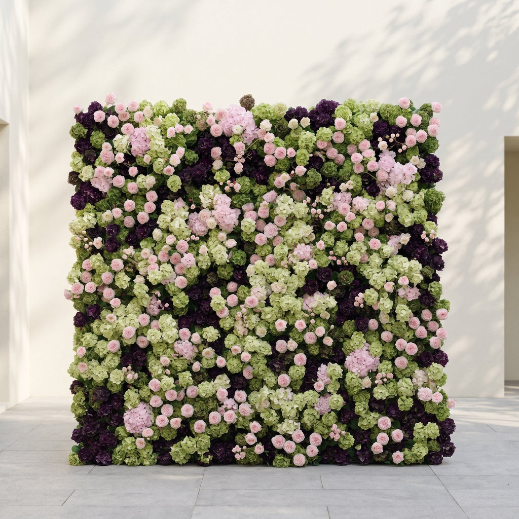 Brina: Luxury 5D Dark Purple & Lime Green Silk Floral Wall Roll-Up Fabric Backdrop for Elegant Weddings & Galas