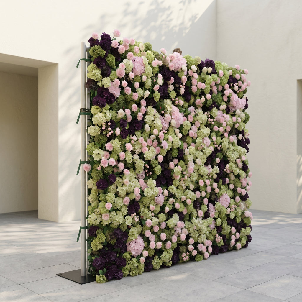 Brina: Luxury 5D Dark Purple & Lime Green Silk Floral Wall Roll-Up Fabric Backdrop for Elegant Weddings & Galas
