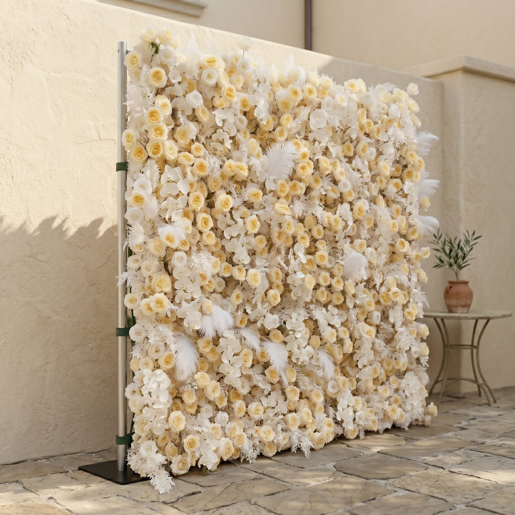 Caelsira: Luxury 5D Champagne & Cream Silk Rose Flower Wall Roll-Up Fabric Backdrop for Grand Estate Weddings