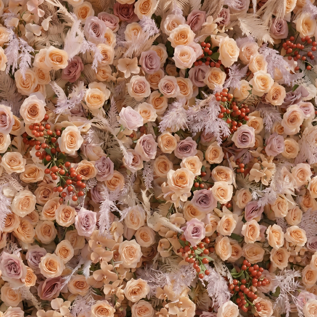Valsira: Luxury 5D Champagne & Peach Silk Rose Flower Wall with Autumn Berries for Romantic Manor Weddings