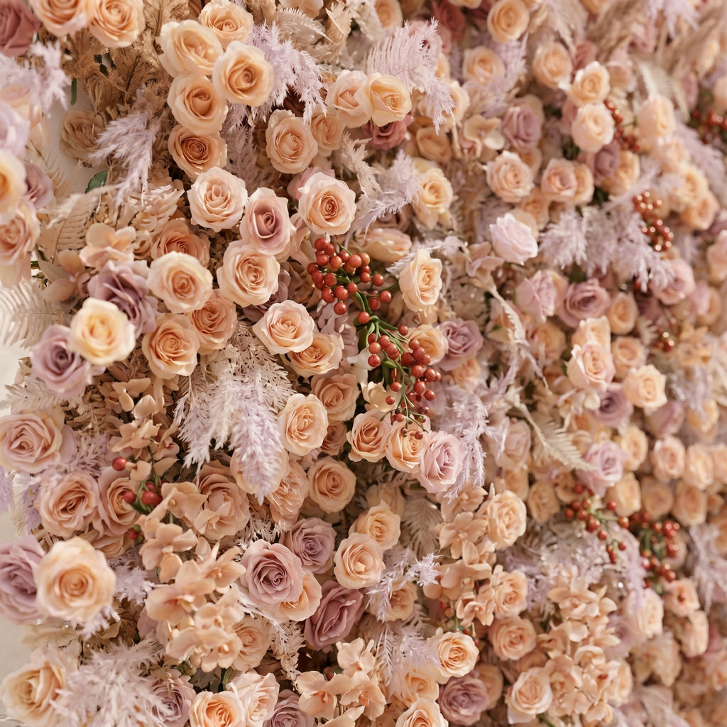 Valsira: Luxury 5D Champagne & Peach Silk Rose Flower Wall with Autumn Berries for Romantic Manor Weddings