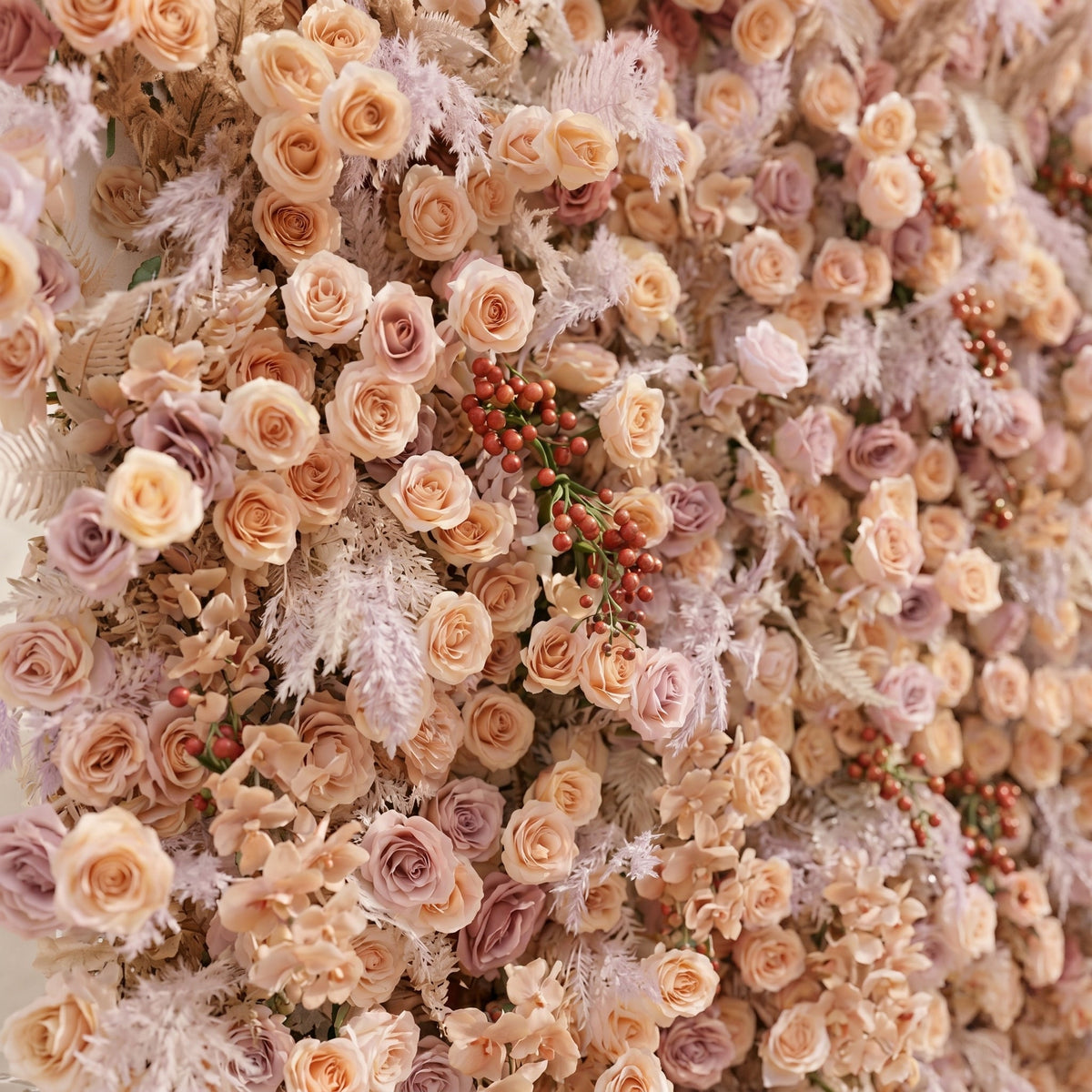 Valsira: Luxury 5D Champagne & Peach Silk Rose Flower Wall with Autumn Berries for Romantic Manor Weddings
