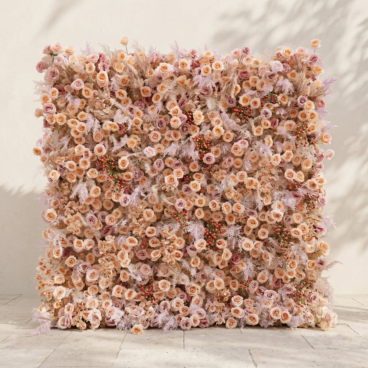 Valsira: Luxury 5D Champagne & Peach Silk Rose Flower Wall with Autumn Berries for Romantic Manor Weddings