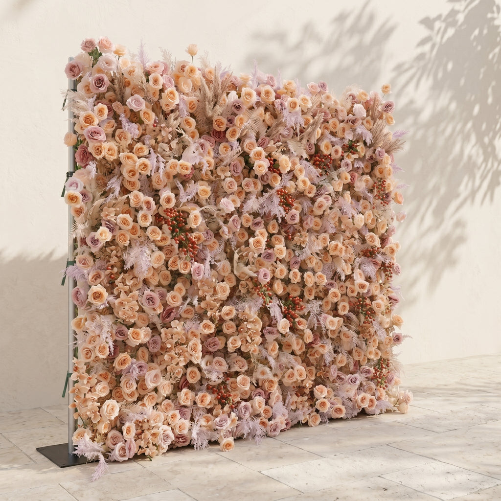Valsira: Luxury 5D Champagne & Peach Silk Rose Flower Wall with Autumn Berries for Romantic Manor Weddings