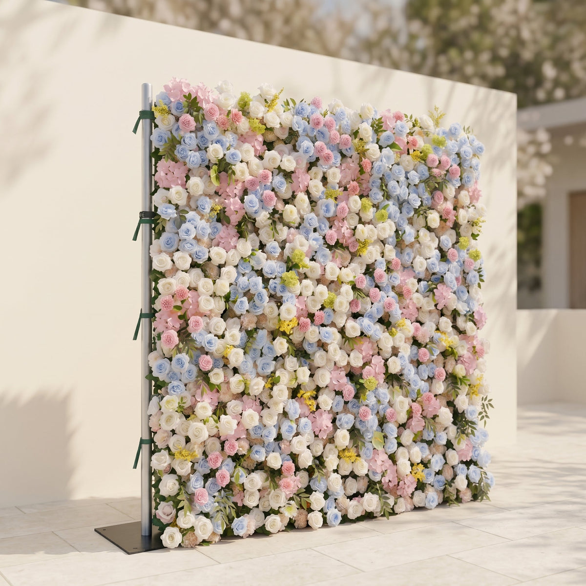 Calora:5D Dusty Blue, Blush Pink & Ivory White Silk Rose Flower Wall Roll-Up Fabric Backdrop for Romantic Weddings & Proposals