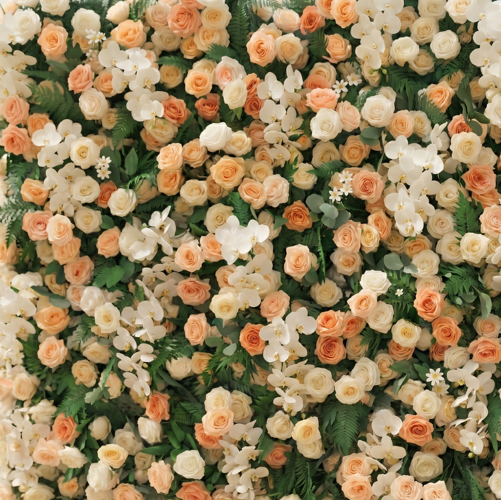 Calorae:Luxury 5D Peach & Ivory Floral Wall with Greenery Roll-Up Backdrop for Rustic Garden Weddings