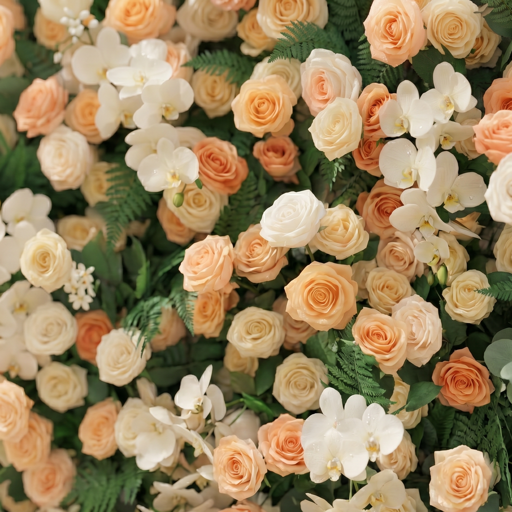 Calorae:Luxury 5D Peach & Ivory Floral Wall with Greenery Roll-Up Backdrop for Rustic Garden Weddings