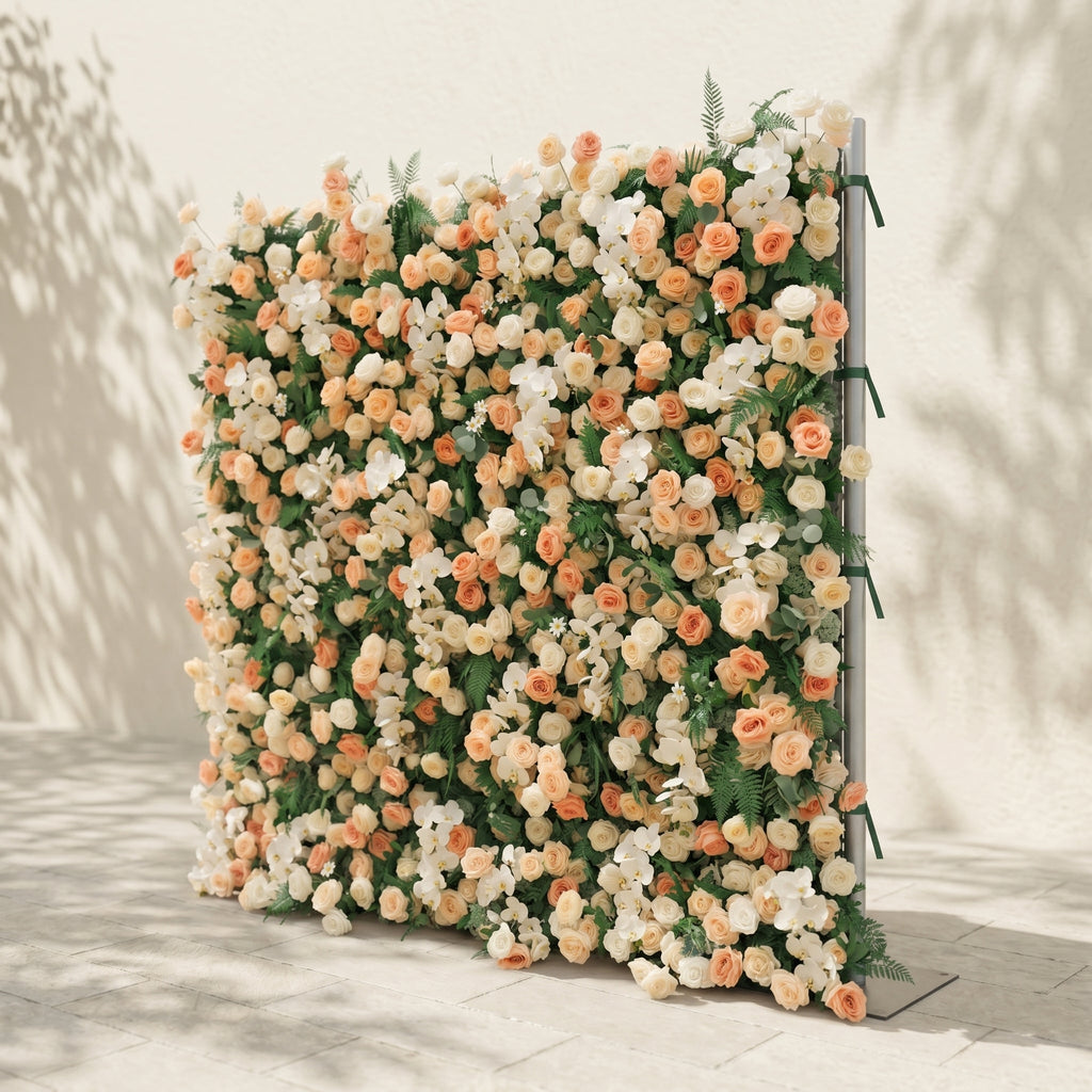 Calorae:Luxury 5D Peach & Ivory Floral Wall with Greenery Roll-Up Backdrop for Rustic Garden Weddings