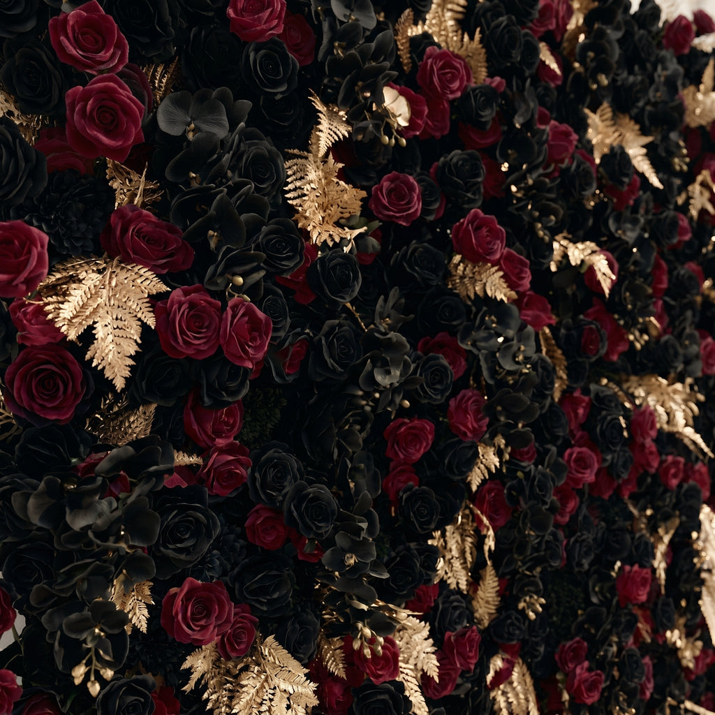 Camilavia: Luxury 5D Black, Burgundy & Gold Silk Floral Wall Roll-Up Backdrop for Opulent Gothic Weddings