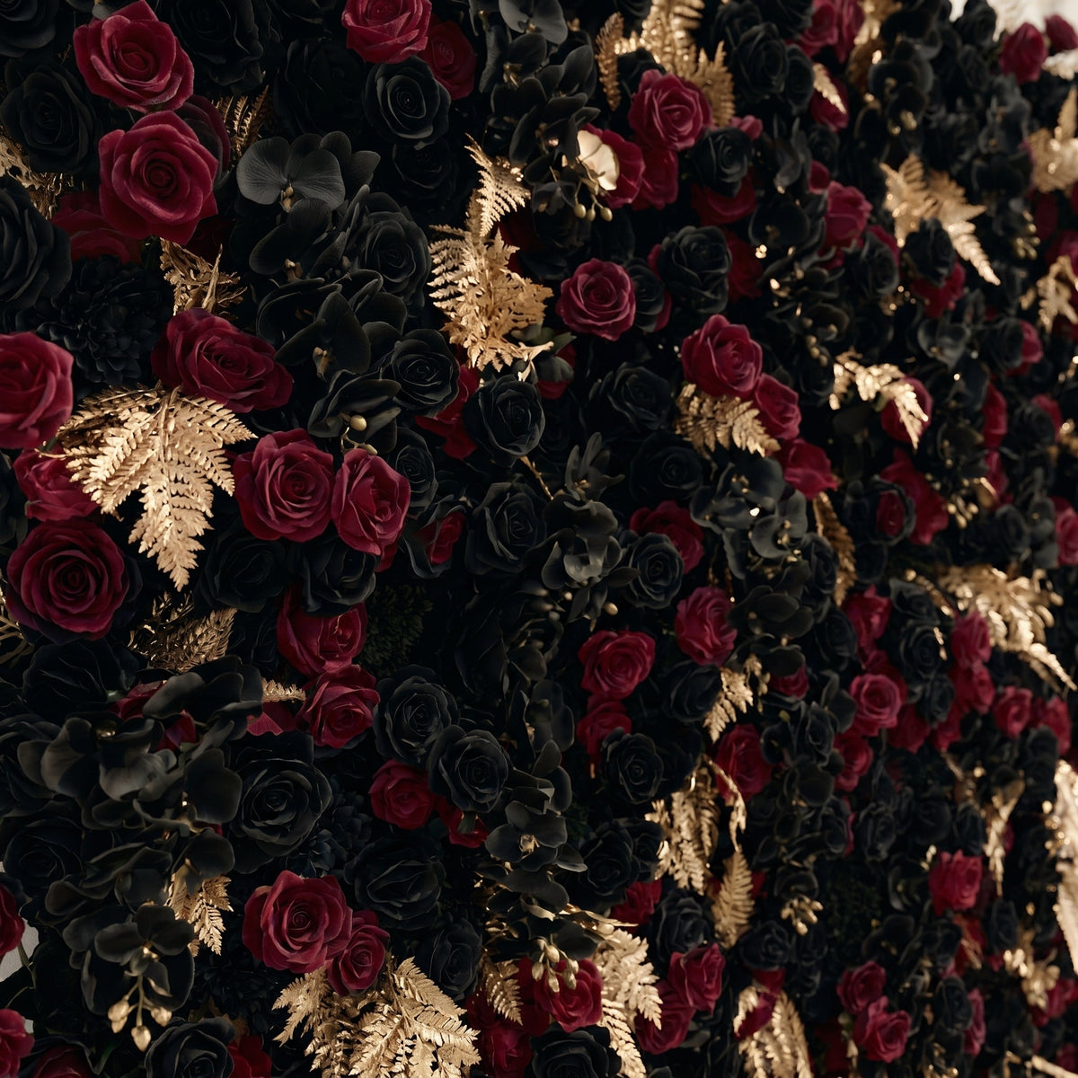 Camilavia: Luxury 5D Black, Burgundy & Gold Silk Floral Wall Roll-Up Backdrop for Opulent Gothic Weddings