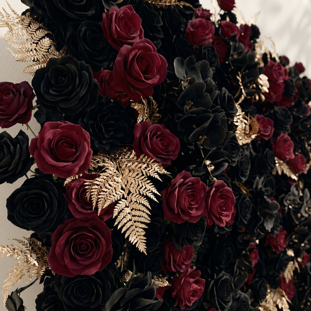 Camilavia: Luxury 5D Black, Burgundy & Gold Silk Floral Wall Roll-Up Backdrop for Opulent Gothic Weddings