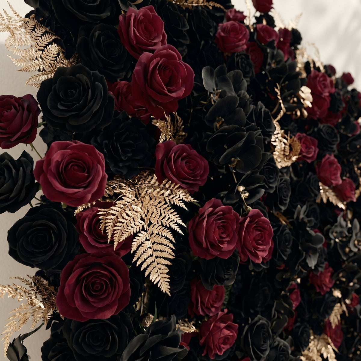 Camilavia: Luxury 5D Black, Burgundy & Gold Silk Floral Wall Roll-Up Backdrop for Opulent Gothic Weddings