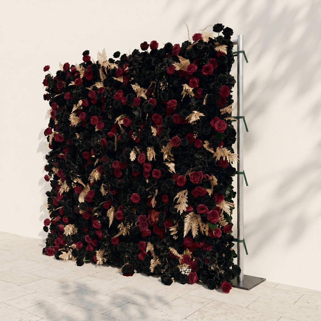 Camilavia: Luxury 5D Black, Burgundy & Gold Silk Floral Wall Roll-Up Backdrop for Opulent Gothic Weddings