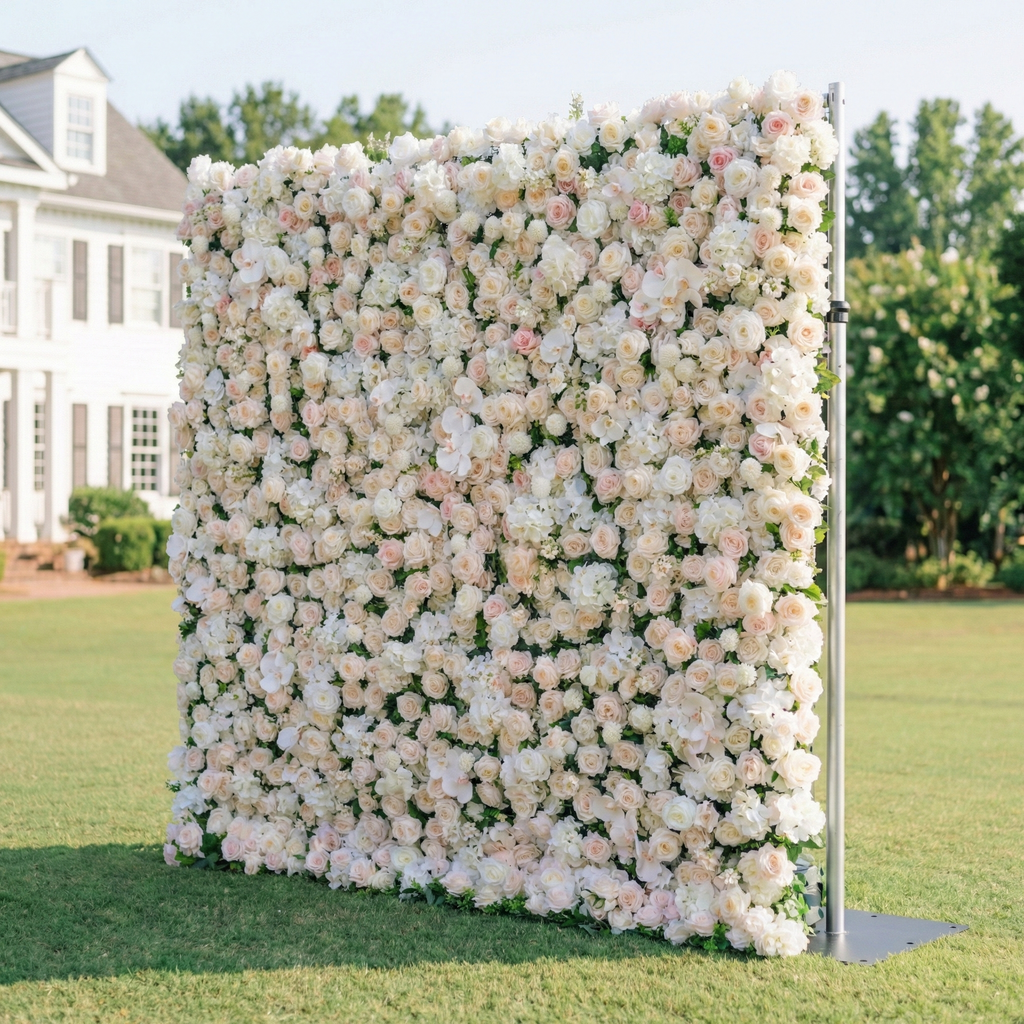 Casey: Premium 5D Soft Blush & White Silk Floral Wall Roll-Up Fabric Backdrop for Dreamy Garden Ceremonies & Elegant Wedding