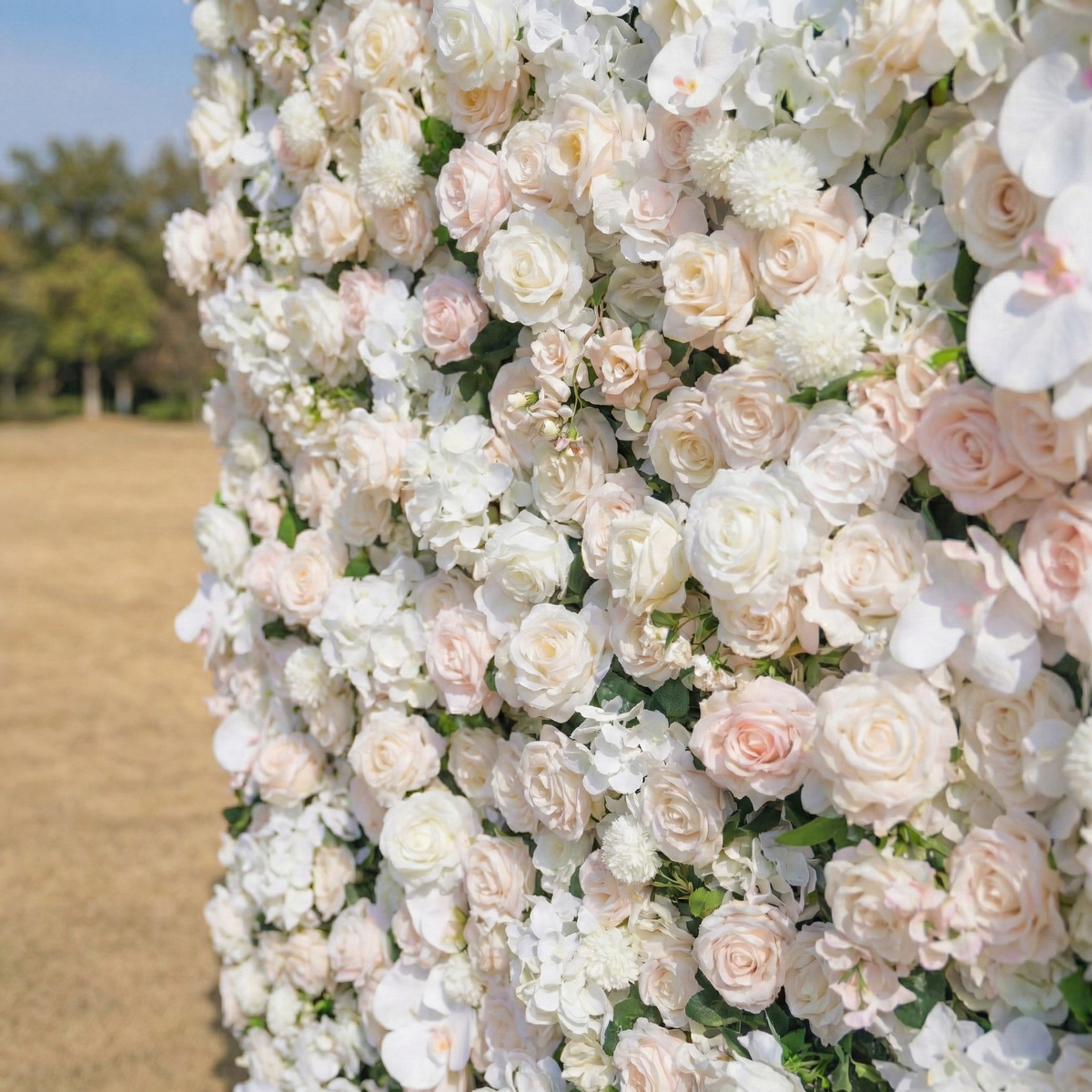 Casey: Premium 5D Soft Blush & White Silk Floral Wall Roll-Up Fabric Backdrop for Dreamy Garden Ceremonies & Elegant Wedding
