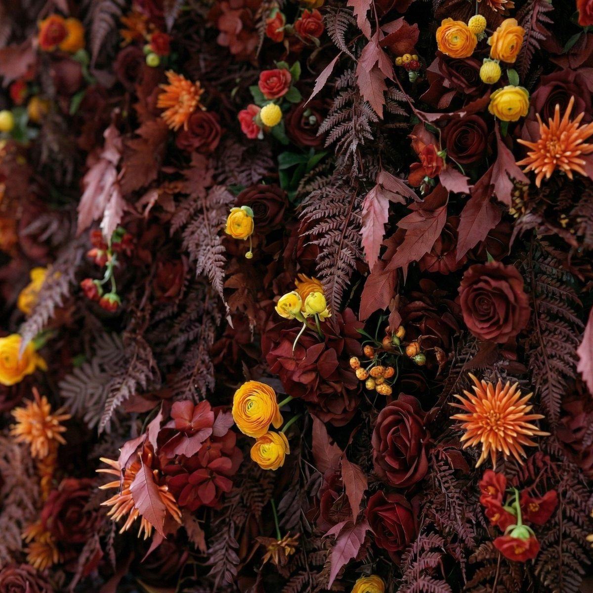 Caterina: 5D Burgundy & Burnt Orange Silk Floral Wall Roll-Up Fabric Backdrop for Vintage Weddings & Events