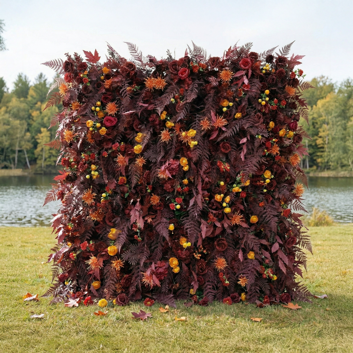 Caterina: 5D Burgundy & Burnt Orange Silk Floral Wall Roll-Up Fabric Backdrop for Vintage Weddings & Events
