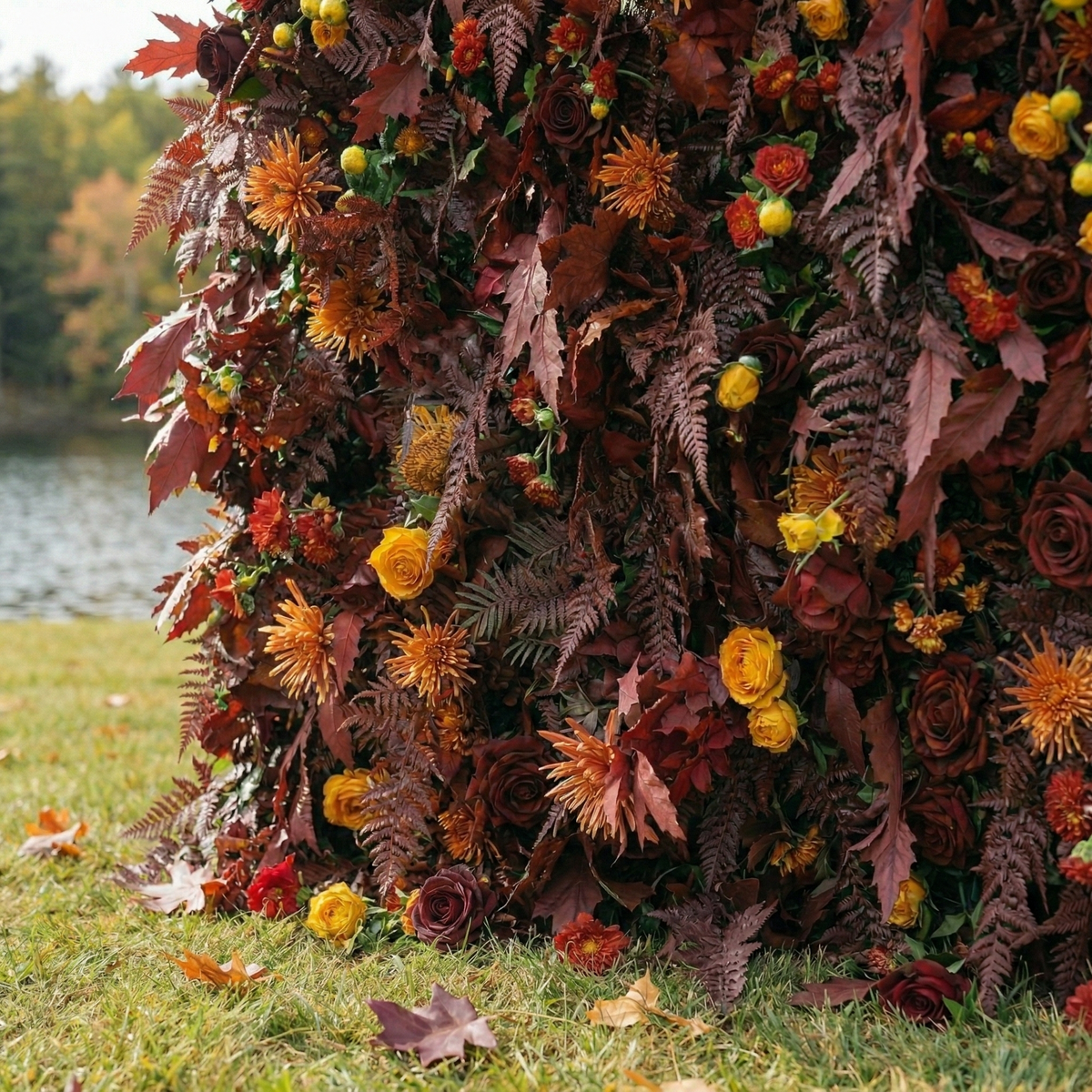 Caterina: 5D Burgundy & Burnt Orange Silk Floral Wall Roll-Up Fabric Backdrop for Vintage Weddings & Events